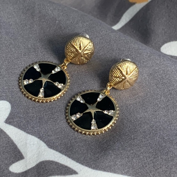 Black & Gold Star Coin Drop Earrings Crystals NWT - Picture 6 of 8